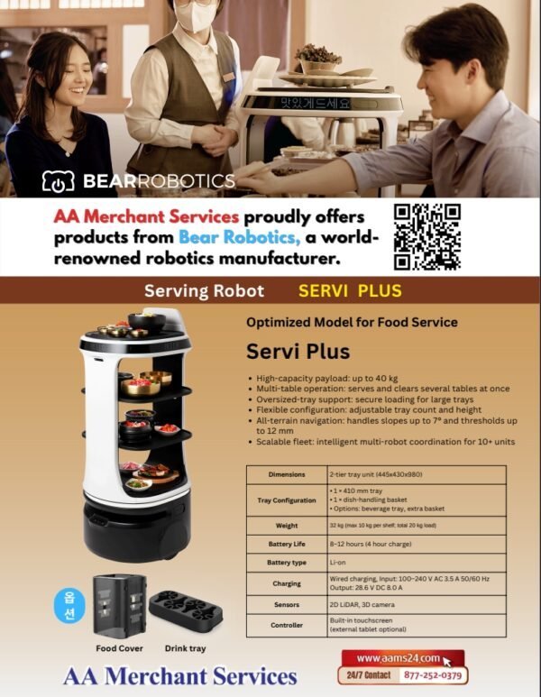 AA Merchant Services proudly offers products from Bear Robotics - Servi Plus serving robot flyer
