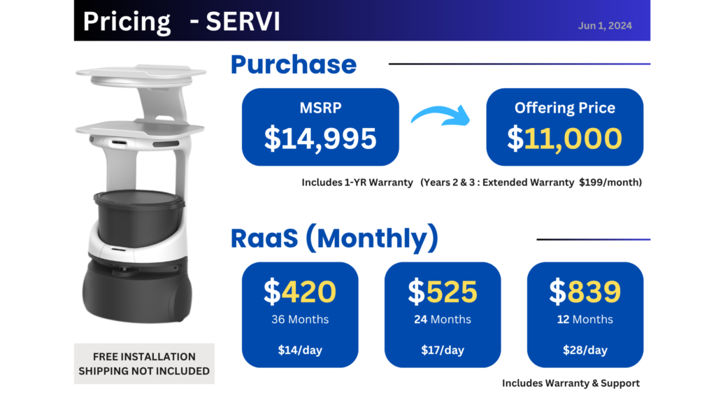 SERVI PLUS robot purchase and RaaS (lease) pricing table: MSRP $17,995, Offering Price $14,000, monthly RaaS $520 (36mo)/$700 (24mo)/$1,280 (12mo)