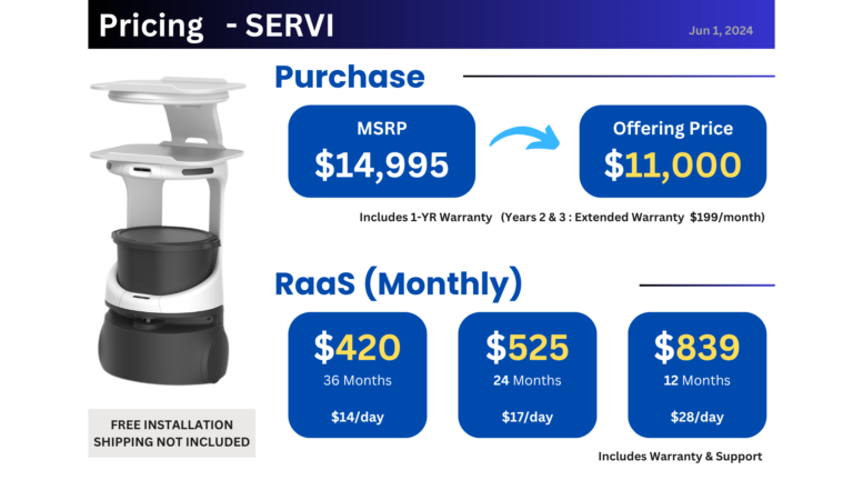 SERVI robot purchase and RaaS (lease) pricing table: MSRP $14,995, Offering Price $11,000, monthly RaaS $420 (36mo)/$525 (24mo)/$839 (12mo)